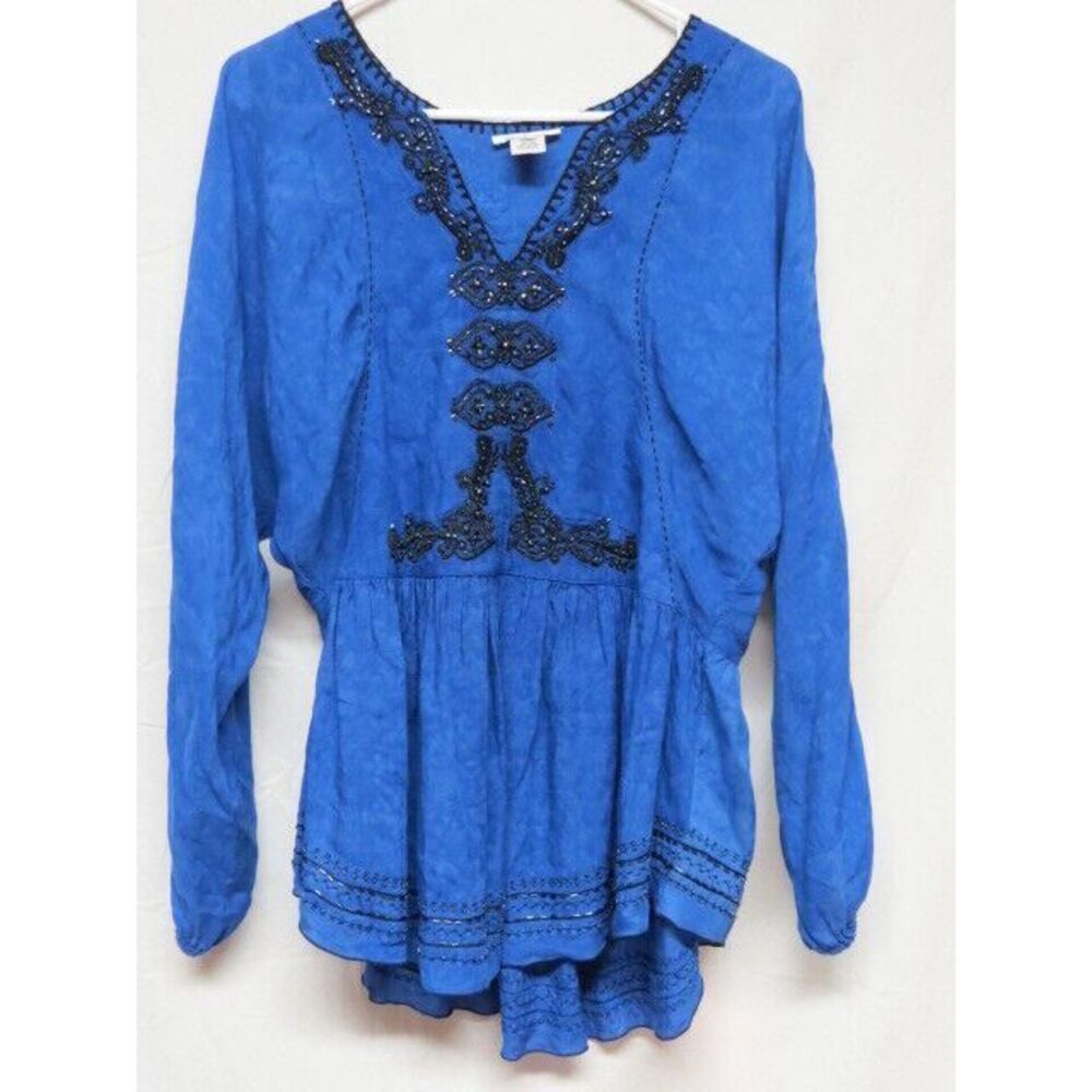 Krista Lee Shadowy Blue Bohemian Shirt w Beads & Designs on‎ Front & Back Size S